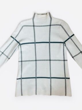Tahari Cream Turtleneck Sweater with Gray & Dark Gray Windowpane
